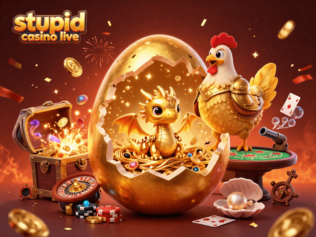 Jouez au stupid casino live avec un dragon doré et une ambiance festive aux tables de jeux.