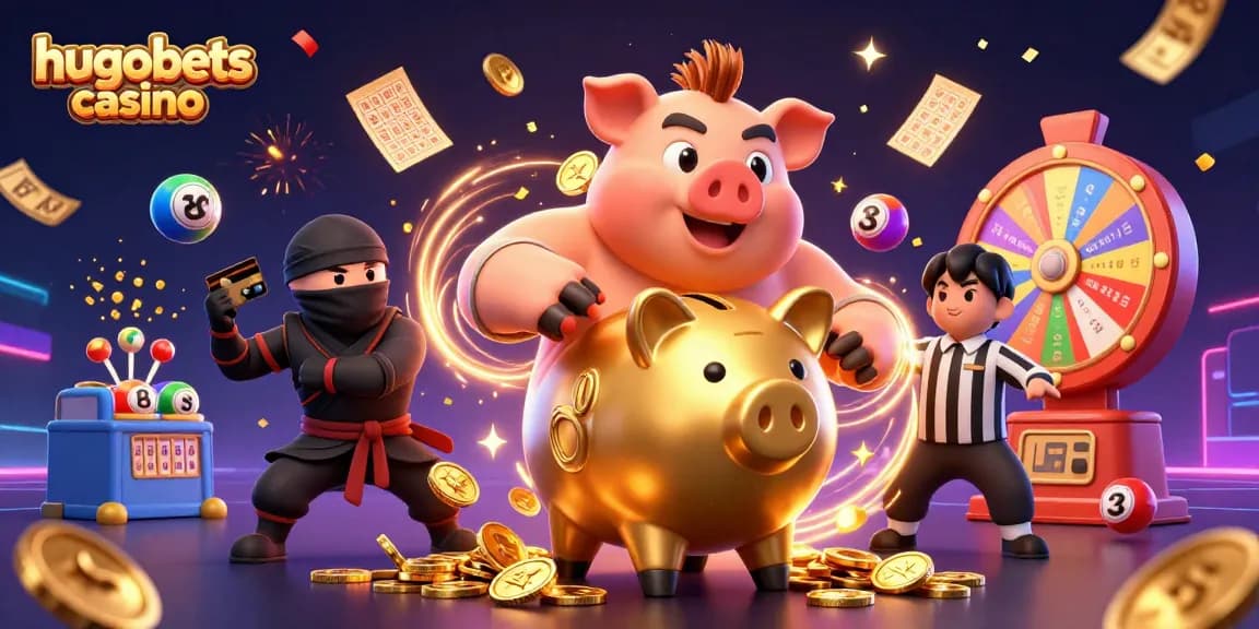 Get high rewards at hugobets casino with an exciting golden piggy bank sumo wrestler in action.