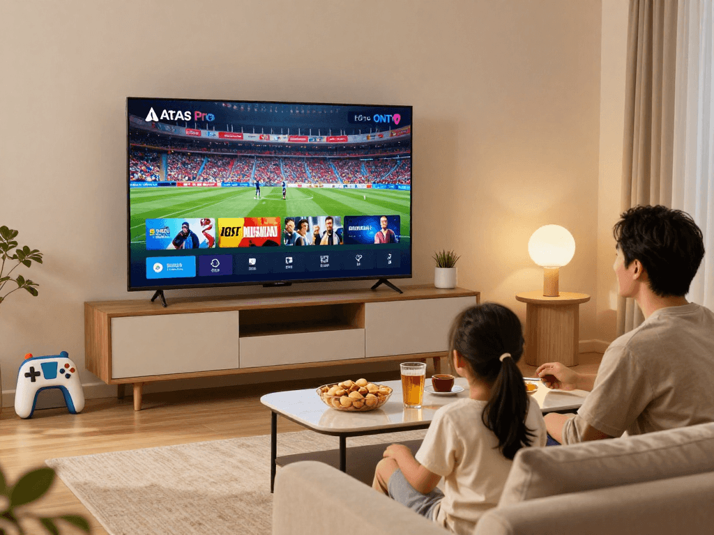 Famille profitant de l'application atlas pro ontv sur un grand téléviseur, ambiance chaleureuse et agréable.