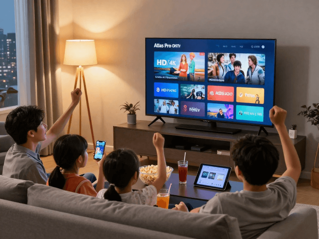 Famille regardant Atlas pro sur leur téléviseur intelligent, ambiance chaleureuse et joyeuse.