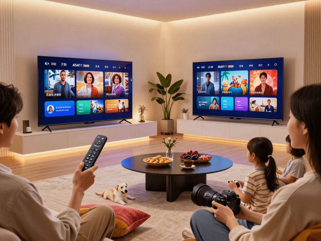 Utilisation de la télécommande Atlas pro ontv pour explorer des contenus sur un écran moderne dans un salon élégant.