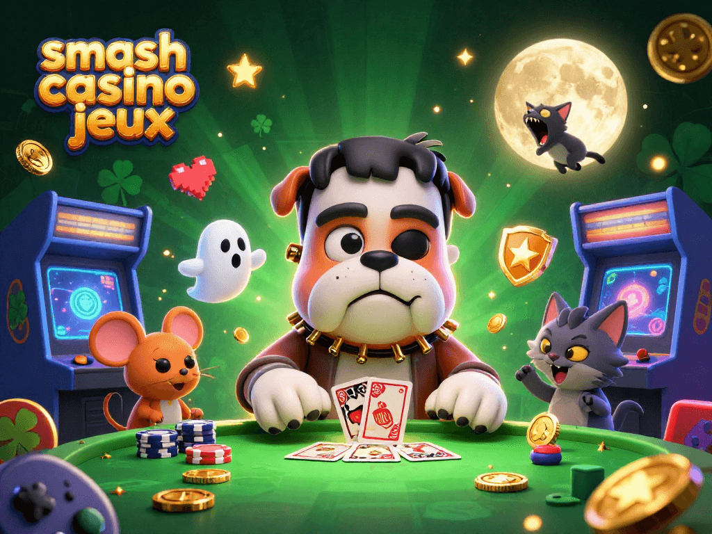 Profitez des jeux Smash Casino avec un bulldog Frankenstein distribuant des cartes à un tableau mystérieux