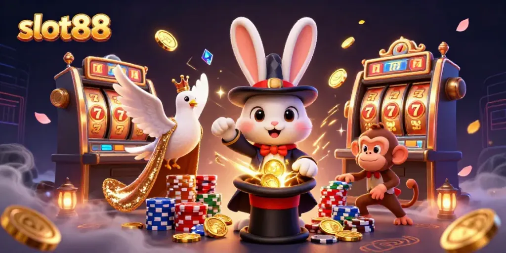 Experience the excitement of slot88 with a vibrant casino scene featuring a magician rabbit, dove, and monkey.