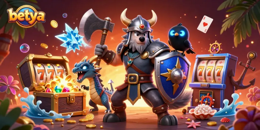 Engage with betya's vibrant casino scene featuring a Viking warrior, dragon, and treasure.