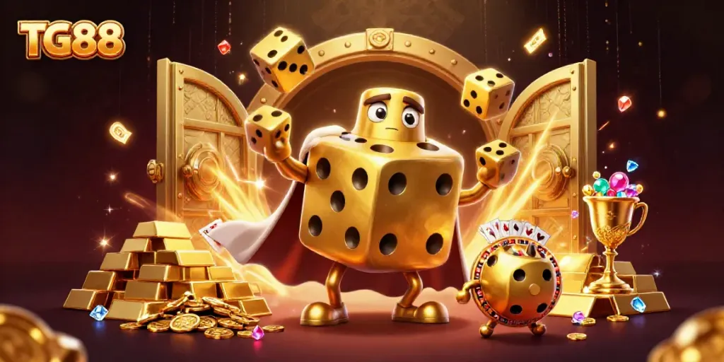 Experience thrilling gaming action with TG88 as golden dice juggle amidst opulent casino treasures.