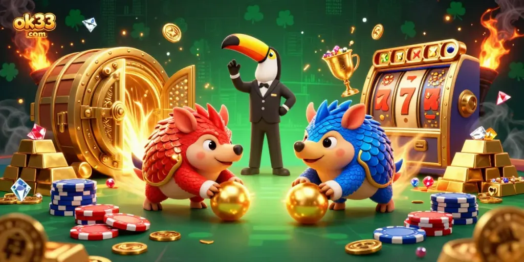 Engage in thrilling gameplay with ok33 com featuring rival pangolins and golden poker chips.