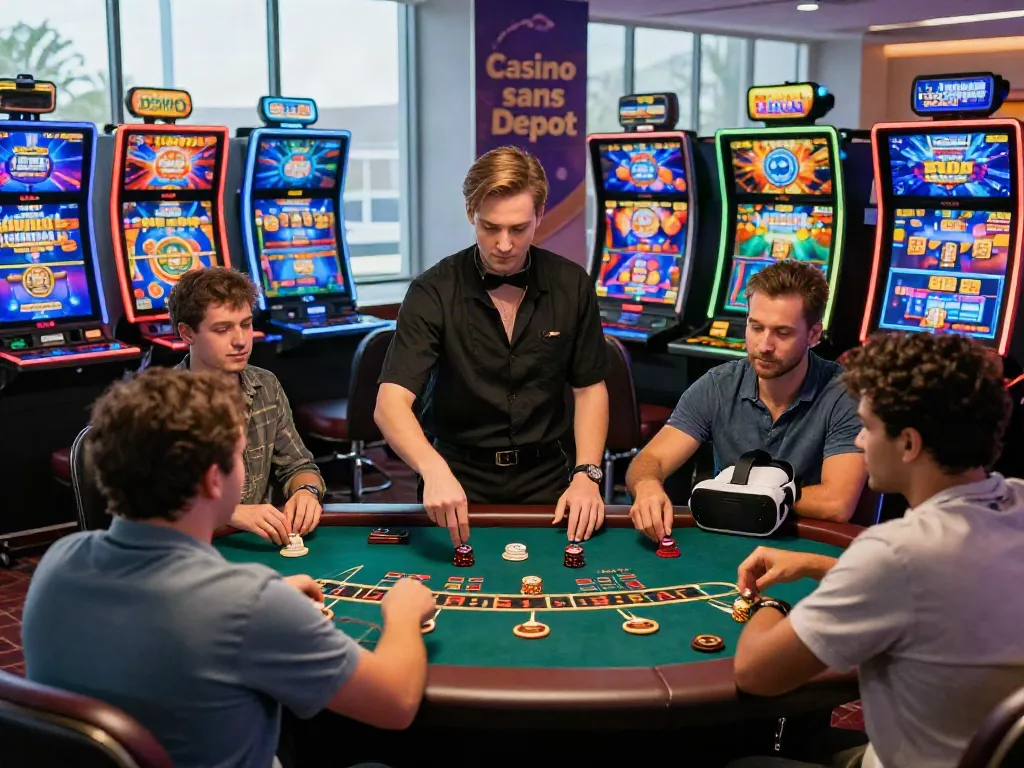 Scène animée d'un casino sans dépôt avec des joueurs autour d'une table de blackjack.