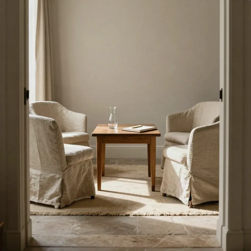 Petite salle de coaching avec deux fauteuils en lin, une table en chêne et une lumière douce.