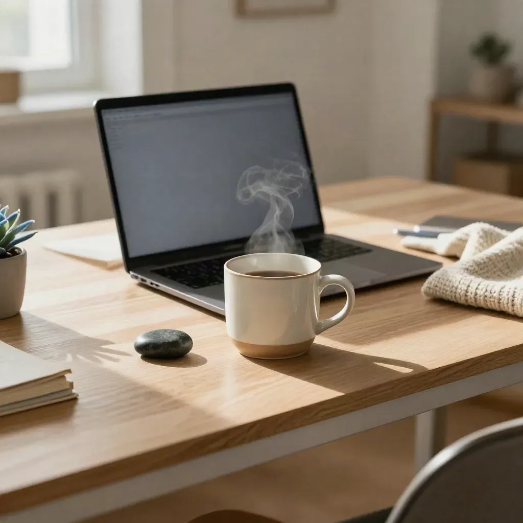 Bureau apaisé avec mug fumant, ordinateur fermé, galet poli, pull plié et petite plante.