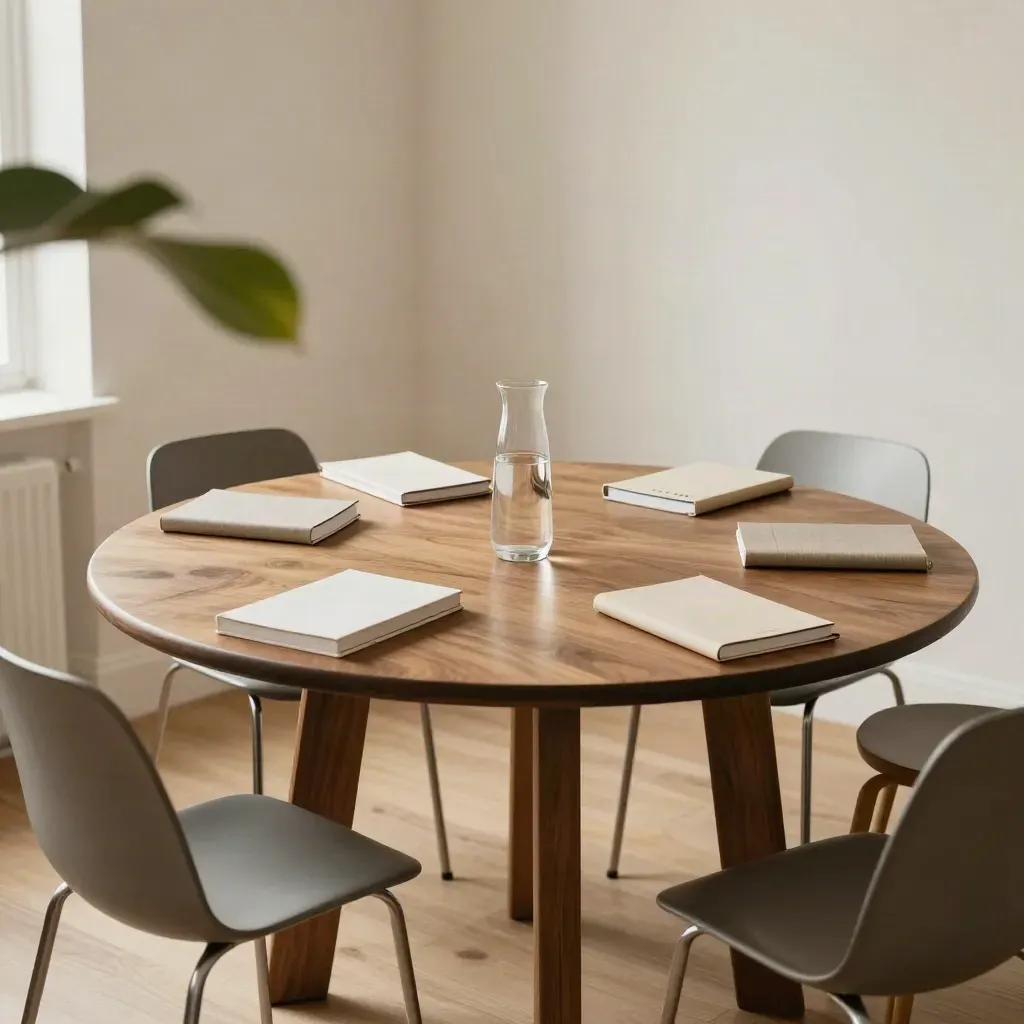 Salle d’atelier lumineuse avec table ronde, carnets fermés, carafe d’eau, tabourets empilés et grande feuille.