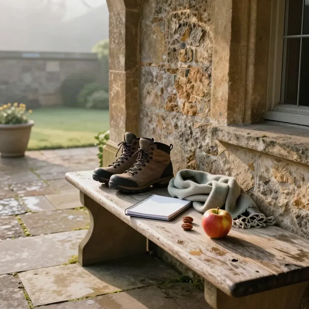 Cour de maison en pierre en Bourgogne avec plateau, bottes, carnet et brume du matin.