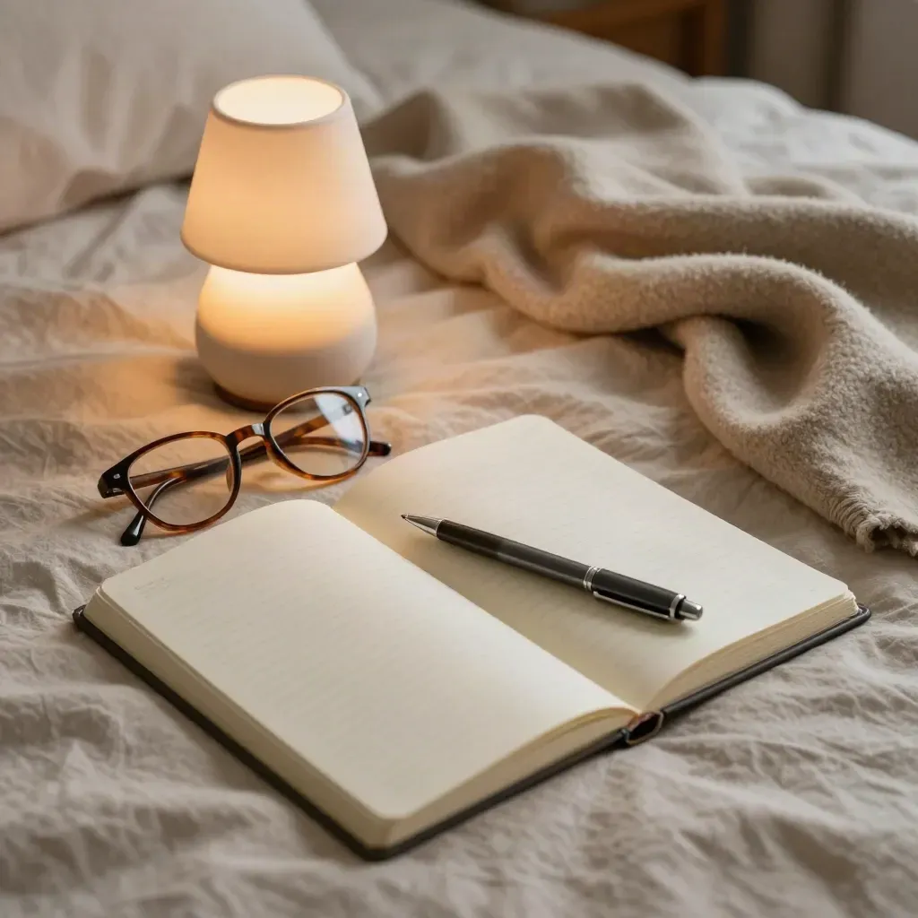 Journal ouvert au chevet, lampe douce, lunettes et plaid beige sable dans une ambiance nocturne calme.