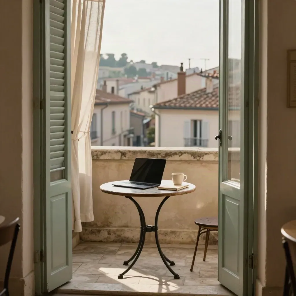Balcon lyonnais au matin avec table, laptop fermé, carnet et café, toits au loin.