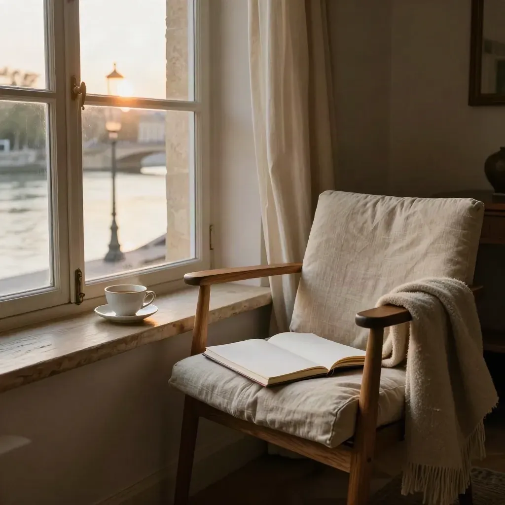 Coin chaleureux avec chaise en lin, tasse de thé, carnet vierge et rideau soulevé par la brise.