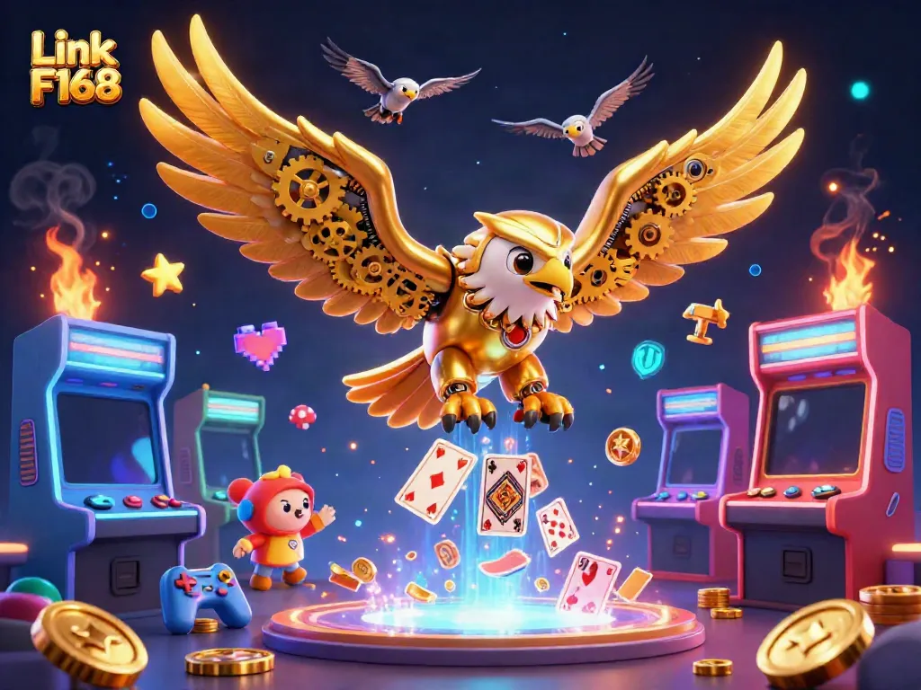 Experience the excitement of Link F168 with vibrant playing cards and a cybernetic eagle soaring above gaming elements.