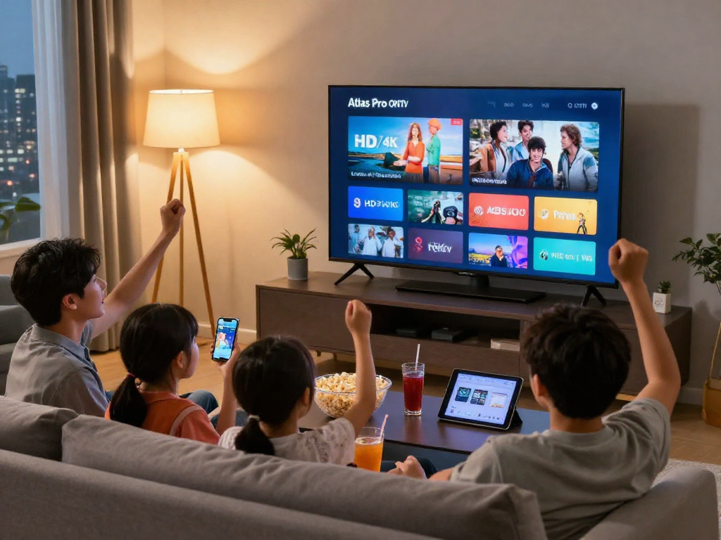 Famille regardant Atlas pro sur leur téléviseur intelligent, ambiance chaleureuse et joyeuse.