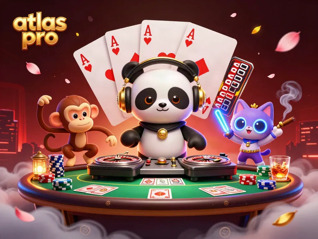 Une illustration de l'expérience de jeu "atlas pro" avec un panda DJ et un singe dansant sur un tapis de poker.