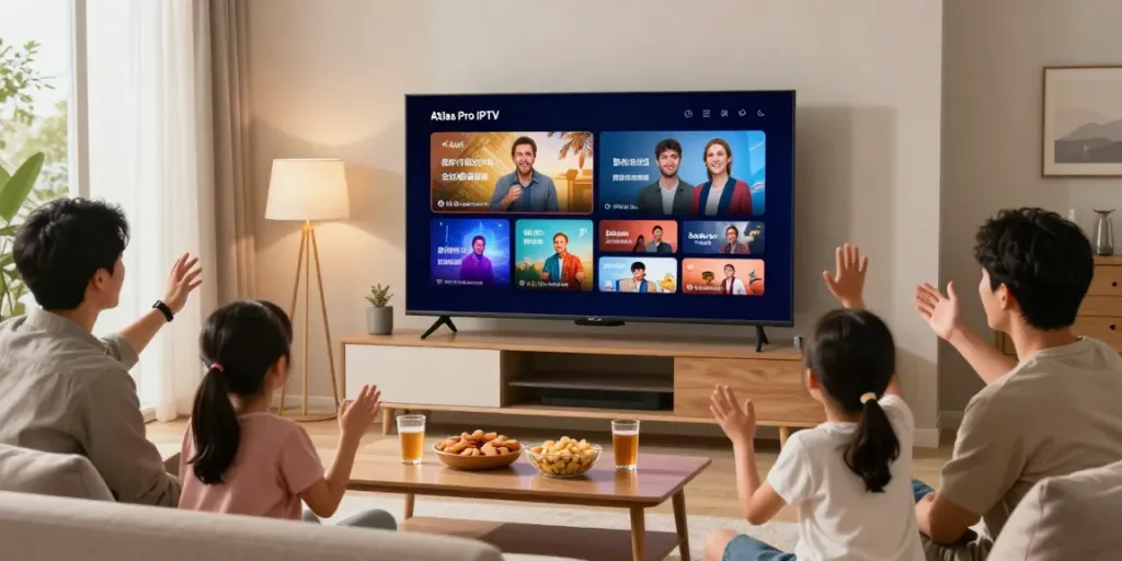Famille profitant d'Atlas Pro IPTV dans un salon moderne, regardant des chaînes en direct.