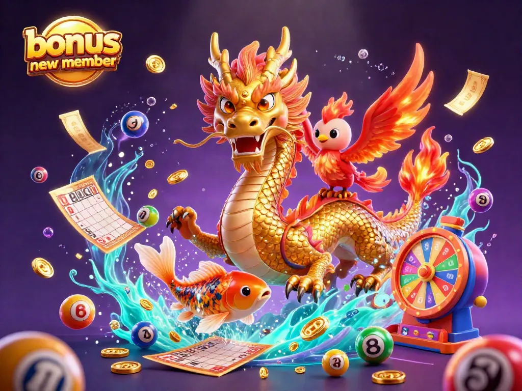 Experience exciting gameplay with the bonus new member at our casino, featuring a golden dragon and a lucky koi fish.