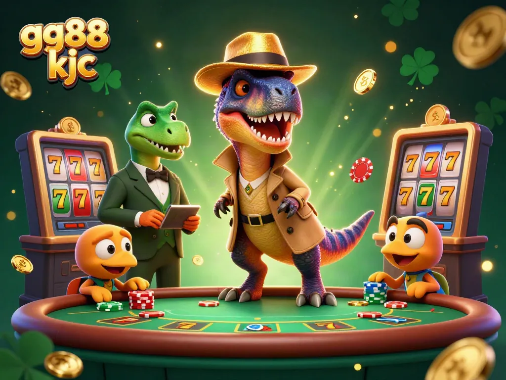 Join the thrilling experience at gg88 kjc with a velociraptor card counter at a blackjack table tangled in a wild casino scene.