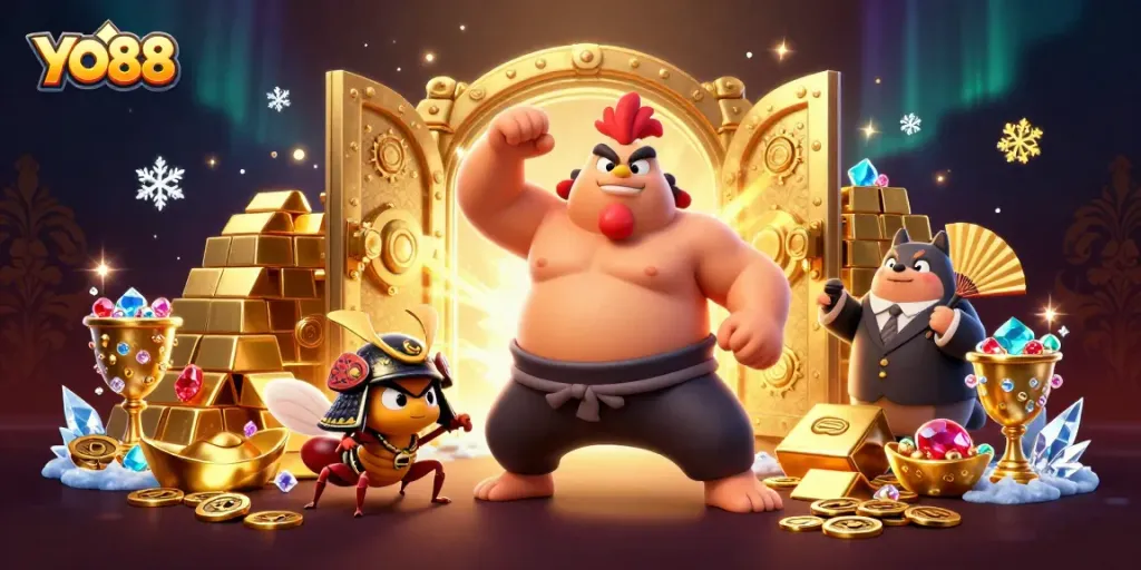 Engage with YO88's thrilling casino adventures featuring vibrant characters and golden treasures.