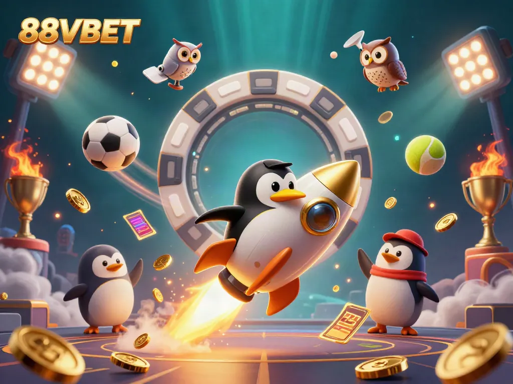 Betting excitement in the 88VBET universe with a golden penguin and dynamic sports elements.